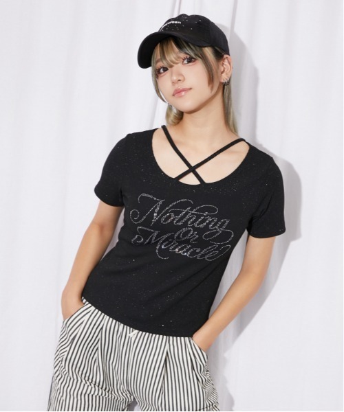 GORGE(ゴージ)の「《ラインストーンロゴ》クロスストラップリブカットソー/Y2K/春夏秋/全3色(Tシャツ/カットソー・レディース・チャコール/ブラック/オフホワイト・F)」の11枚目の写真