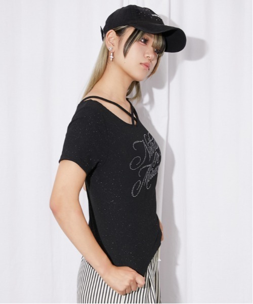 GORGE(ゴージ)の「《ラインストーンロゴ》クロスストラップリブカットソー/Y2K/春夏秋/全3色(Tシャツ/カットソー・レディース・チャコール/ブラック/オフホワイト・F)」の12枚目の写真