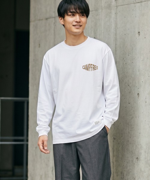 CAMPFREE（キャンプフリー）の「[キャンプフリー] CAMPFREE 長袖 Tシャツ 5.6oz ロンT ロゴプリント コットンTシャツ（Tシャツ/カットソー・メンズ・ホワイト系1/スミクロ/ダークグリーン/グレー系1/ライトオリーブ/ミックスグレー/ネイビー/サンドベージュ/グレー/スモーキーグリーン系1/ホワイト系2/ホワイト系3/アッシュ/ブラウン系その他/ブラック系1/キャメル/オリーブ系1/スモーキーグリーン系2・XL/L/XS/S/M/XXL）」の2枚目の写真