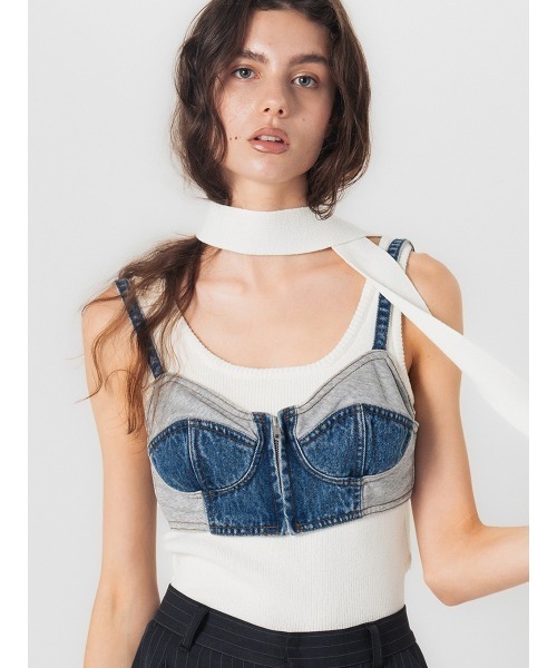 ELCHELE(エルチェレ)の「TIE WITH KNIT TANK(タンクトップ・レディース・ヘザーグレー/ホワイト/オリーブ・FREE)」の2枚目の写真