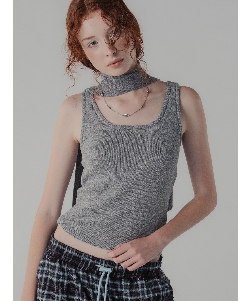 ELCHELE(エルチェレ)の「TIE WITH KNIT TANK(タンクトップ・レディース・ヘザーグレー/ホワイト/オリーブ・FREE)」の3枚目の写真