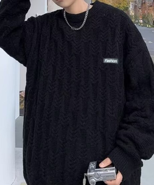 KELVIN(ケルヴァン)の「Cable Texture Knit ケーブルテクスチャーニット(ニット/セーター・メンズ・ブラック/アイボリー・MEDIUM)」の1枚目の写真