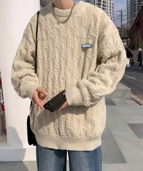 KELVIN(ケルヴァン)の「Cable Texture Knit ケーブルテクスチャーニット(ニット/セーター・メンズ・ブラック/アイボリー・MEDIUM)」の6枚目の写真