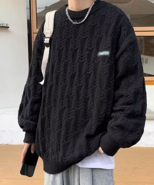 KELVIN(ケルヴァン)の「Cable Texture Knit ケーブルテクスチャーニット(ニット/セーター・メンズ・ブラック/アイボリー・MEDIUM)」の3枚目の写真