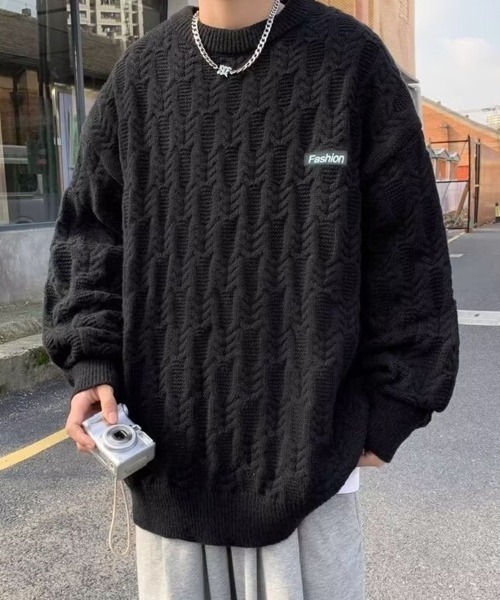 KELVIN(ケルヴァン)の「Cable Texture Knit ケーブルテクスチャーニット(ニット/セーター・メンズ・ブラック/アイボリー・MEDIUM)」の4枚目の写真