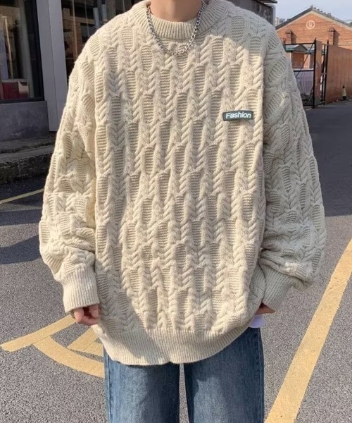 KELVIN(ケルヴァン)の「Cable Texture Knit ケーブルテクスチャーニット(ニット/セーター・メンズ・ブラック/アイボリー・MEDIUM)」の5枚目の写真