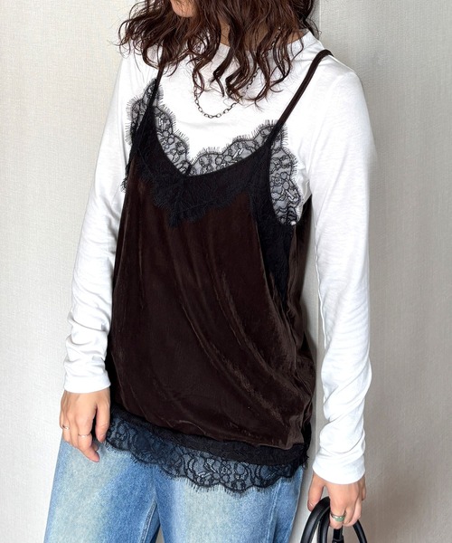 ISOOK(アイスー)の「【ISOOK / アイスー】レースベロアキャミソール / キャミビスチェ ベロアトップス キャミトップス レーストップス 秋服 レイヤード ZOZOTOWN限定(キャミソール・レディース・ネイビー/ブラウン・FREE)」の8枚目の写真