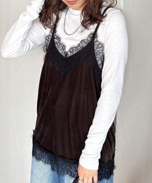 ISOOK(アイスー)の「【ISOOK / アイスー】レースベロアキャミソール / キャミビスチェ ベロアトップス キャミトップス レーストップス 秋服 レイヤード ZOZOTOWN限定(キャミソール・レディース・ネイビー/ブラウン・FREE)」の15枚目の写真