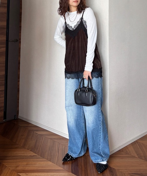 ISOOK(アイスー)の「【ISOOK / アイスー】レースベロアキャミソール / キャミビスチェ ベロアトップス キャミトップス レーストップス 秋服 レイヤード ZOZOTOWN限定(キャミソール・レディース・ネイビー/ブラウン・FREE)」の16枚目の写真