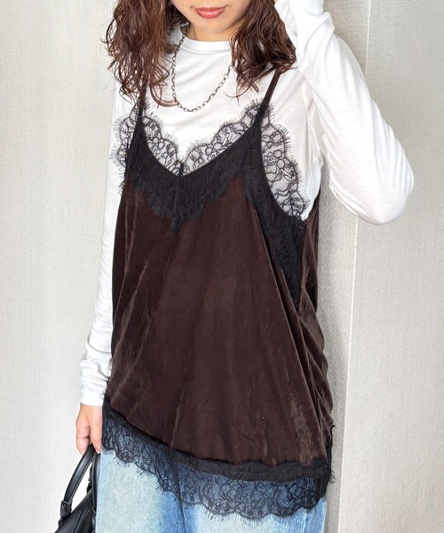 ISOOK(アイスー)の「【ISOOK / アイスー】レースベロアキャミソール / キャミビスチェ ベロアトップス キャミトップス レーストップス 秋服 レイヤード ZOZOTOWN限定(キャミソール・レディース・ネイビー/ブラウン・FREE)」の18枚目の写真