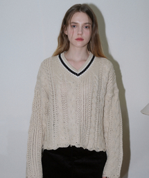 Cable Damage V-neck Knit (Beige)