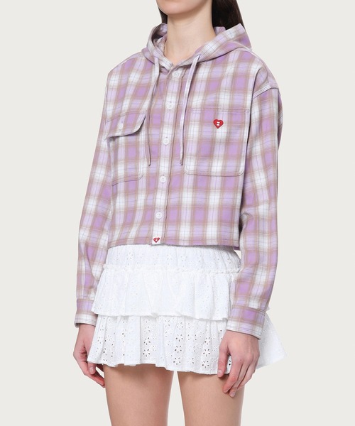 APEE BY A BATHING APE（エイピーバイアベイシングエイプ）の「CHECK HOODIE SHIRT（シャツ/ブラウス・レディース・パープル/レッド・FREE）」の4枚目の写真
