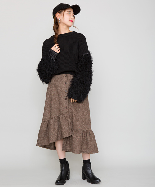 WEGO（ウィゴー）の「WEGO/ツイードアシメフリルミディスカート（スカート・レディース・ブラック系その他/ブラウン系その他・FREE）」の5枚目の写真