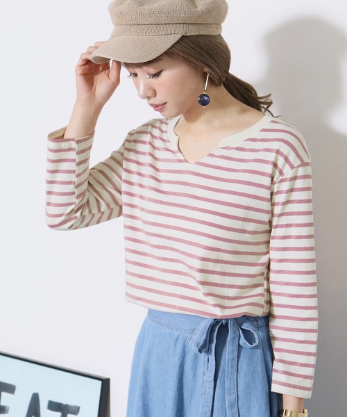 reca(レカ)の「◇新色入荷◇コットン100%! ゆるシルエット柔らかボーダーカットソー(Tシャツ/カットソー・レディース・ブラック/グレー/ネイビー/ライトピンク/ライトブルー・FREE)」の5枚目の写真