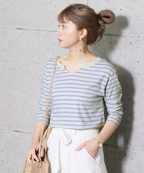 reca(レカ)の「◇新色入荷◇コットン100%! ゆるシルエット柔らかボーダーカットソー(Tシャツ/カットソー・レディース・ブラック/グレー/ネイビー/ライトピンク/ライトブルー・FREE)」の3枚目の写真