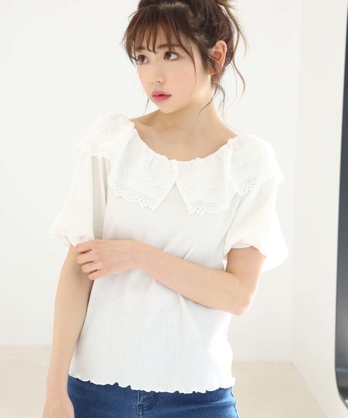 one after another NICE CLAUP(ワンアフターアナザーナイスクラップ)の「2wayレース襟テレコトップス(Tシャツ/カットソー・レディース・ブラック/オフホワイト/ベージュ・FREE)」の9枚目の写真