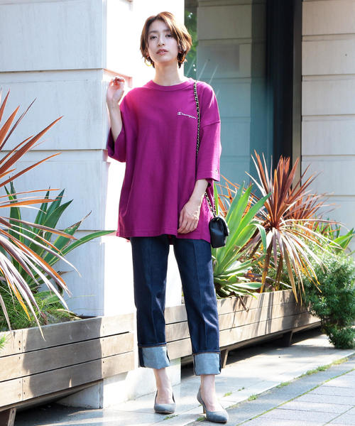 Champion（チャンピオン）の「【別注】＜Champion（チャンピオン）＞∴リバースウィーブTシャツ o（Tシャツ/カットソー・レディース・ベージュ/パープル/イエロー/ダークグリーン・MEDIUM）」の7枚目の写真