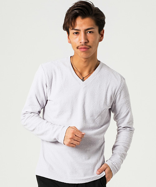 GOSTAR DE FUGA(ゴスタール ジフーガ)の「パイル生地Vネックシンプル長袖カットソー/長袖Tシャツ(Tシャツ/カットソー・メンズ・ホワイト/ライトグレー/ブラック・M/L)」の3枚目の写真