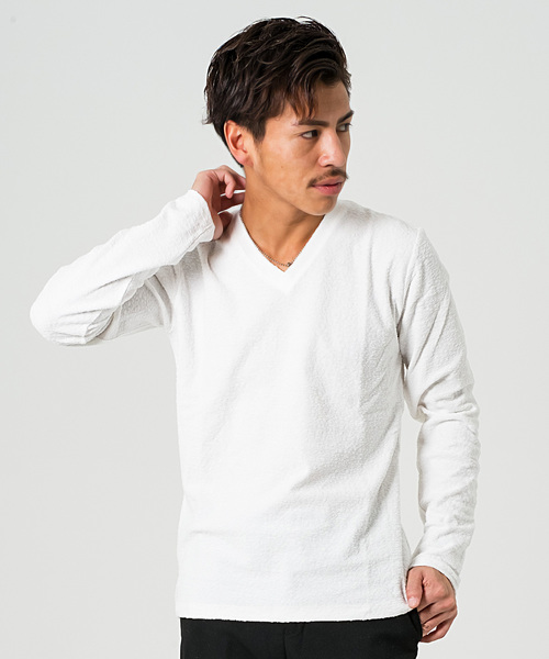 GOSTAR DE FUGA(ゴスタール ジフーガ)の「パイル生地Vネックシンプル長袖カットソー/長袖Tシャツ(Tシャツ/カットソー・メンズ・ホワイト/ライトグレー/ブラック・M/L)」の4枚目の写真