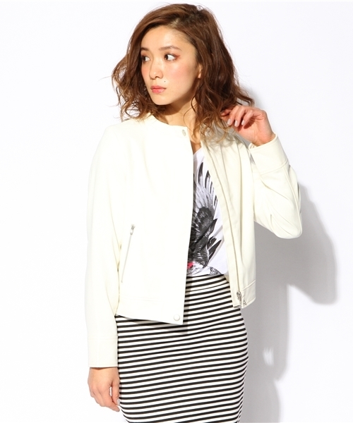 ROSE BUD（ローズバッド）の「LJ-14114 NO-COLLAR FLYFRONT ZIP JACKET（ノーカラージャケット・レディース・ホワイト/ネイビー/ダークグリーン・ONE SIZE）」の2枚目の写真