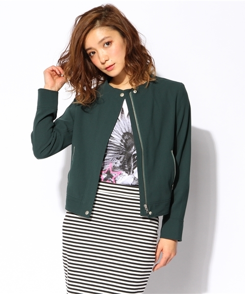 ROSE BUD（ローズバッド）の「LJ-14114 NO-COLLAR FLYFRONT ZIP JACKET（ノーカラージャケット・レディース・ホワイト/ネイビー/ダークグリーン・ONE SIZE）」の3枚目の写真