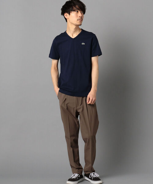 Lacoste★半袖 Vネック ロゴ トップス Tシャツ★シルバー★ ワンポイントVネックTシャツ メンズ(M ネイビー): トップス