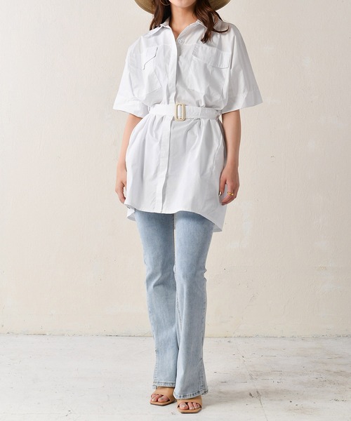 Monocoro toppi（モノコロトッピ）の「ワークシャツワンピース（シャツワンピース・レディース・ライトブルー/ホワイト・MEDIUM）」の4枚目の写真