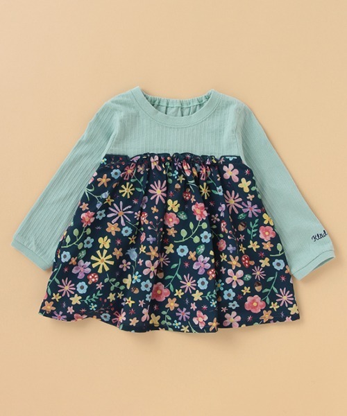 kladskap（クレードスコープ）の「【別注】花柄切替長袖チュニック（チュニック・キッズ・グリーン/レンガ・120cm/90cm/100cm/110cm/80ｃｍ）」の2枚目の写真