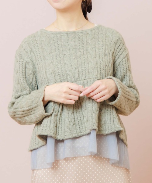 flower(フラワー)の「ケーブルヘムトップ(ニット/セーター・レディース・ホワイト/グリーン・FREE)」の2枚目の写真