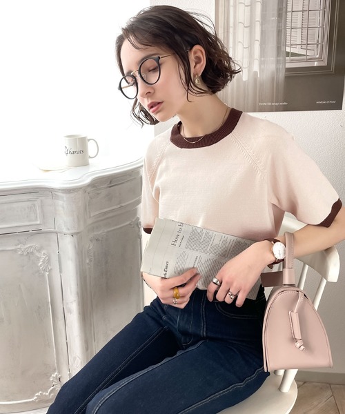classicalelf(クラシカルエルフ)の「空前のレトロブーム。”洗える”リンガー半袖リブニット(Tシャツ/カットソー・レディース・ホワイト/ブラック/オフホワイト/グリーン/グリーン系その他・SMALL/MEDIUM/LARGE/X-LARGE)」の3枚目の写真