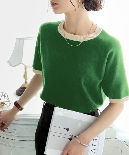 classicalelf(クラシカルエルフ)の「空前のレトロブーム。”洗える”リンガー半袖リブニット(Tシャツ/カットソー・レディース・ホワイト/ブラック/オフホワイト/グリーン/グリーン系その他・SMALL/MEDIUM/LARGE/X-LARGE)」の4枚目の写真