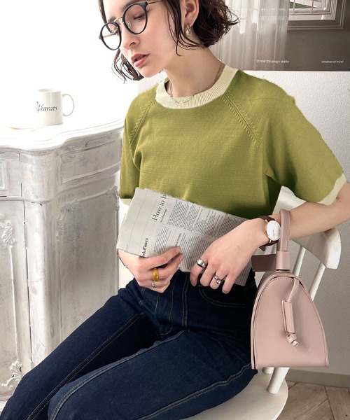 classicalelf(クラシカルエルフ)の「空前のレトロブーム。”洗える”リンガー半袖リブニット(Tシャツ/カットソー・レディース・ホワイト/ブラック/オフホワイト/グリーン/グリーン系その他・SMALL/MEDIUM/LARGE/X-LARGE)」の12枚目の写真