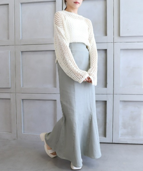 moment+(モーメントプラス)の「ストレッチデニム&ツイル ハイウエストマーメイドスカート(デニムスカート・レディース・ブラック/オフホワイト/カーキ/サックスブルー/インディゴブルー/ブラック系その他/グレイッシュベージュ・S/M/L)」の14枚目の写真