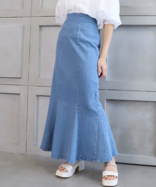 moment+(モーメントプラス)の「ストレッチデニム&ツイル ハイウエストマーメイドスカート(デニムスカート・レディース・ブラック/オフホワイト/カーキ/サックスブルー/インディゴブルー/ブラック系その他/グレイッシュベージュ・S/M/L)」の19枚目の写真