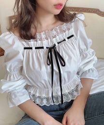 lissi Boutique | 【lissi Boutique】レース付き2WAYオフショルリボンパフスリーブトップス(シャツ/ブラウス)