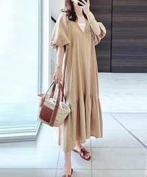 リネン混ボリュームスリーブワンピース