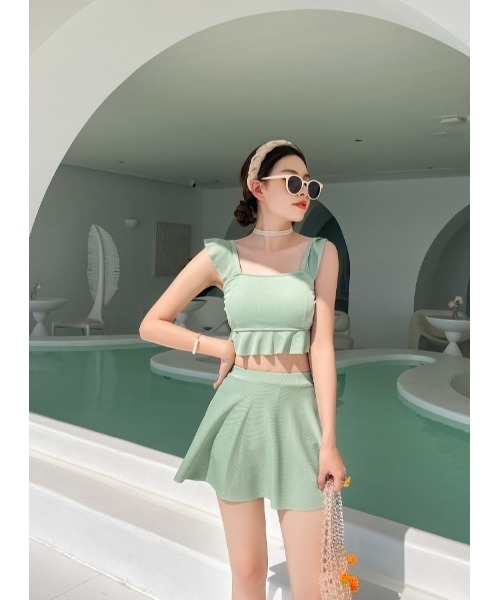 DEVICE（デバイス）の「レディースセット水着 韓国風 ビスチェ フリル ハイウエストスカート タンキニ スイムウェア（水着・レディース・ブラック/レッド/グリーン/ブルー・FREE）」の11枚目の写真