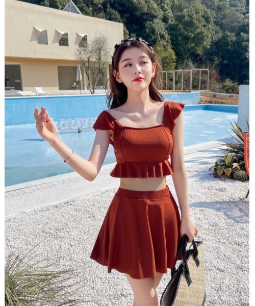 DEVICE（デバイス）の「レディースセット水着 韓国風 ビスチェ フリル ハイウエストスカート タンキニ スイムウェア（水着・レディース・ブラック/レッド/グリーン/ブルー・FREE）」の14枚目の写真