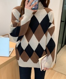 ダイヤ柄ジャガードハイネックニットプルオーバー