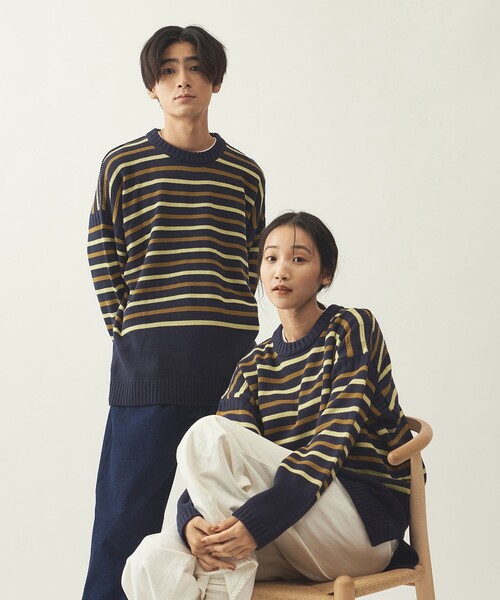 info. BEAUTY&YOUTH(インフォビューティアンドユース)の「<info. BEAUTY&YOUTH> オーバーサイズ ナバルボーター ガンジーニット(ニット/セーター・メンズ・ネイビー/ブラウン/オフホワイト・S/M/L)」の1枚目の写真