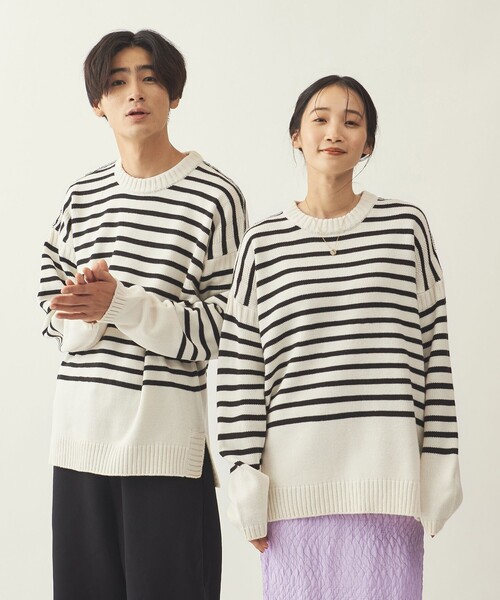 info. BEAUTY&YOUTH(インフォビューティアンドユース)の「<info. BEAUTY&YOUTH> オーバーサイズ ナバルボーター ガンジーニット(ニット/セーター・メンズ・ネイビー/ブラウン/オフホワイト・S/M/L)」の2枚目の写真