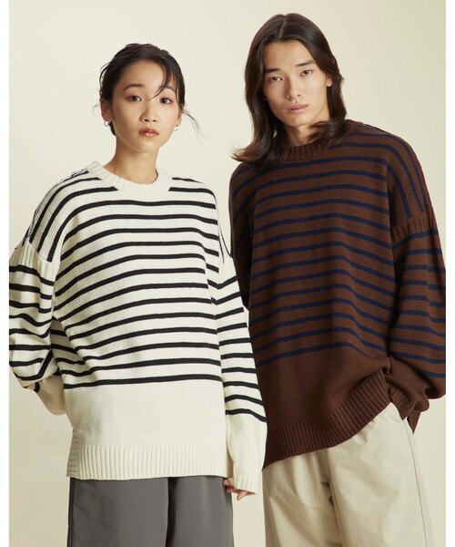 info. BEAUTY&YOUTH(インフォビューティアンドユース)の「<info. BEAUTY&YOUTH> オーバーサイズ ナバルボーター ガンジーニット(ニット/セーター・メンズ・ネイビー/ブラウン/オフホワイト・S/M/L)」の5枚目の写真