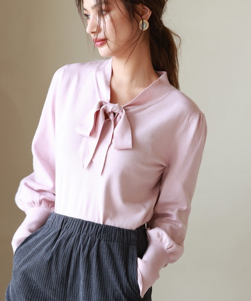 SAISON DE PAPILLON（セゾンドパピヨン）の「リボンタイニットプルオーバー（ニット/セーター・レディース・ブルー/アイボリー/グレー/ピンク/ブラック/ネイビー/ベージュ・M/L）」の7枚目の写真