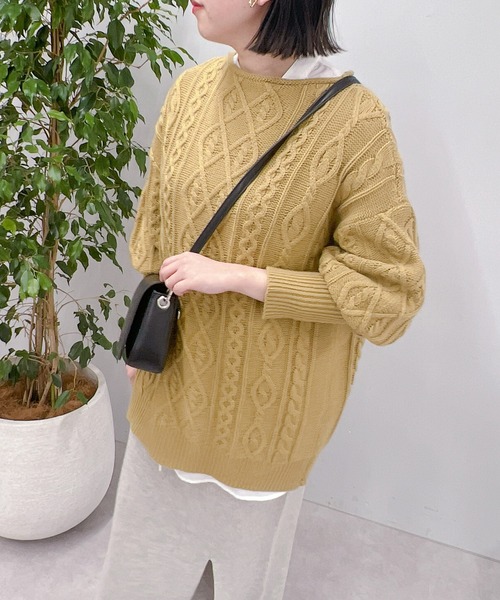 un dix cors（アンディコール）の「バルキーケーブルボートネックニット（ニット/セーター・レディース・ブラウン/オフホワイト/カーキ・FREE）」の6枚目の写真