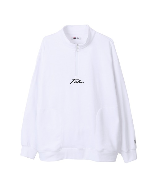 FILA（フィラ）の「FILA/フィラ オーバーサイズ プルオーバー 筆記体 ロゴ刺繍 長袖 ハーフジップ ハイネック バックロゴ ラバー 無地 スウェット トレーナー 裏毛（スウェット・メンズ・ホワイト/ブラック・S/M/L）」の4枚目の写真