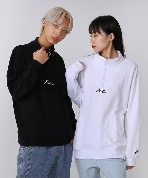 FILA（フィラ）の「FILA/フィラ オーバーサイズ プルオーバー 筆記体 ロゴ刺繍 長袖 ハーフジップ ハイネック バックロゴ ラバー 無地 スウェット トレーナー 裏毛（スウェット・メンズ・ホワイト/ブラック・S/M/L）」の22枚目の写真