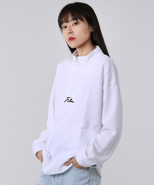 FILA（フィラ）の「FILA/フィラ オーバーサイズ プルオーバー 筆記体 ロゴ刺繍 長袖 ハーフジップ ハイネック バックロゴ ラバー 無地 スウェット トレーナー 裏毛（スウェット・メンズ・ホワイト/ブラック・S/M/L）」の12枚目の写真