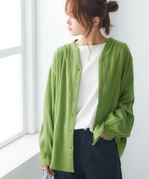 nissen(ニッセン)の「インド綿100%ダブルガーゼギャザーブラウス(シャツ/ブラウス・レディース・ブラック/オフホワイト/グリーン/ベージュ・S/M/L/LL)」の4枚目の写真