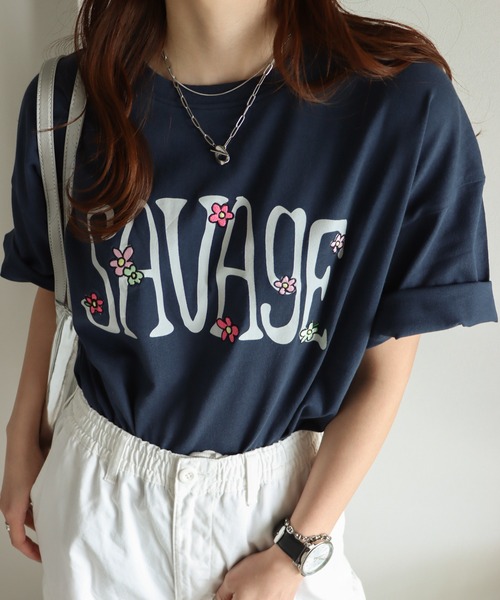 COURO（コウロ）の「フラワー刺繍Tシャツ（Tシャツ/カットソー・レディース・ネイビー/ホワイト/ブラック/オートミール・L/M）」の4枚目の写真