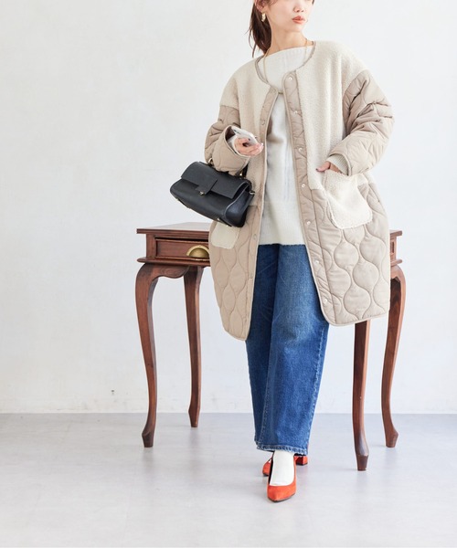 Chez toi(シェトワ)の「ボア×ひょうたんキルト切替コート(ノーカラーコート・レディース・ベージュ/ブラック/カーキ・FREE)」の6枚目の写真